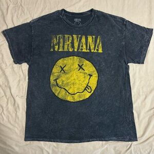 Nirvana Smiley Face Black Washed Graphic Short Sleeve T Shirt Wms L Mens XL